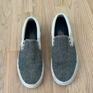 Heather Gray and White Leather Vans Slip-Ons - Men 6.5 // Women - 8.5